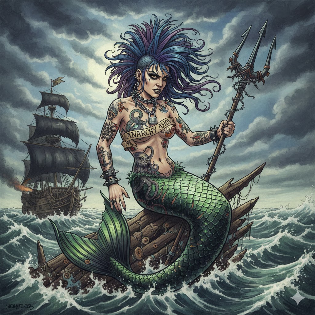 Punk mermaid with purple hair and trident in stormy seas
